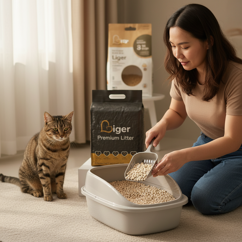 Seorang wanita Malaysia mengaut pasir kucing tauhu dengan seekor kucing tabby berdekatan