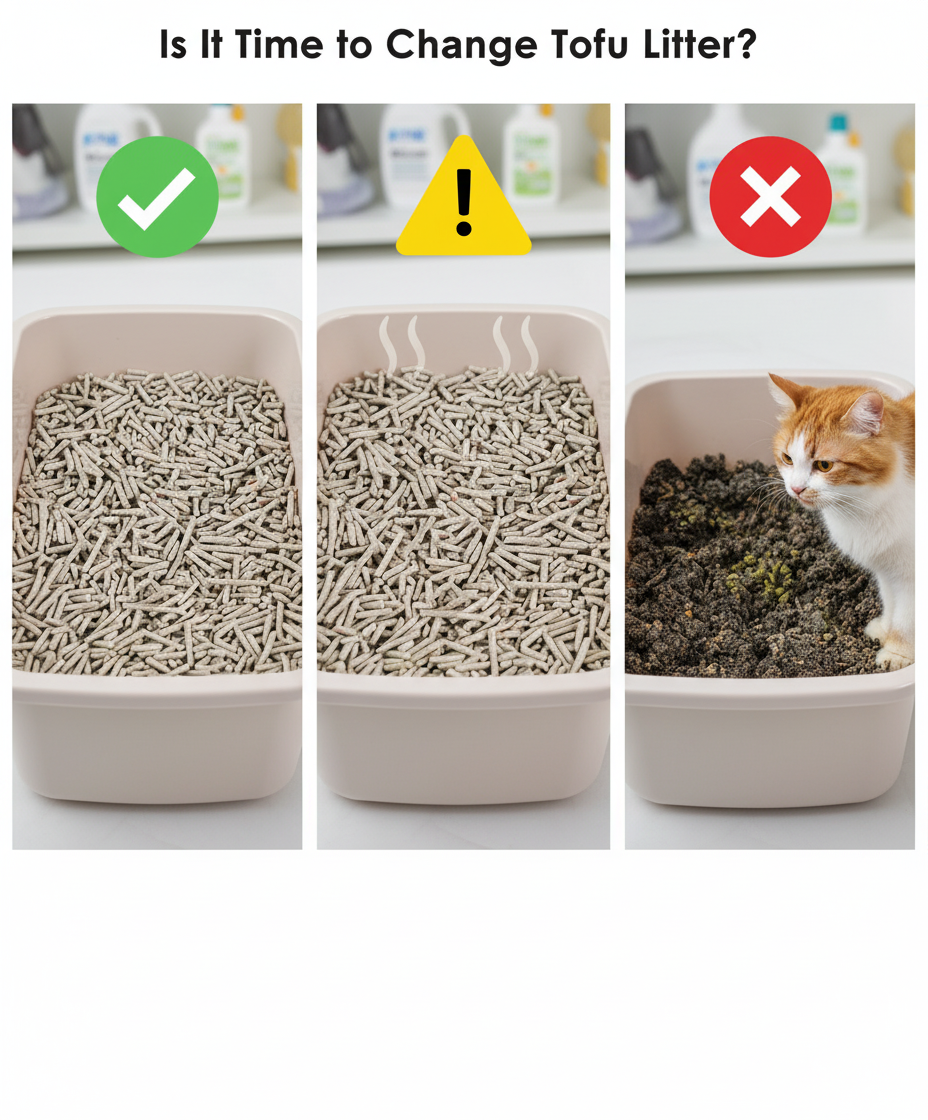 Senarai semak visual menunjukkan pasir kucing tofu yang bersih, sedikit kotor, dan sangat kotor