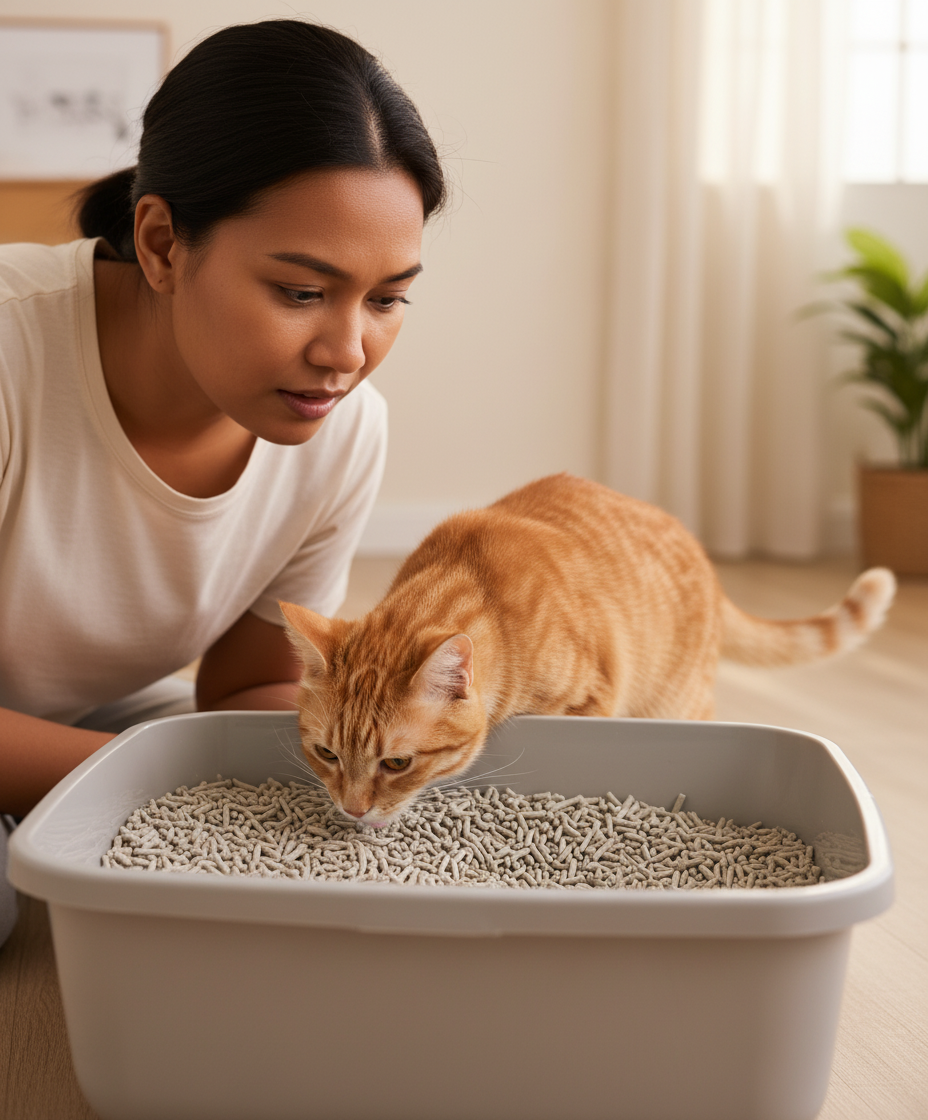 马来西亚猫主人观察猫咪嗅闻新豆腐猫砂