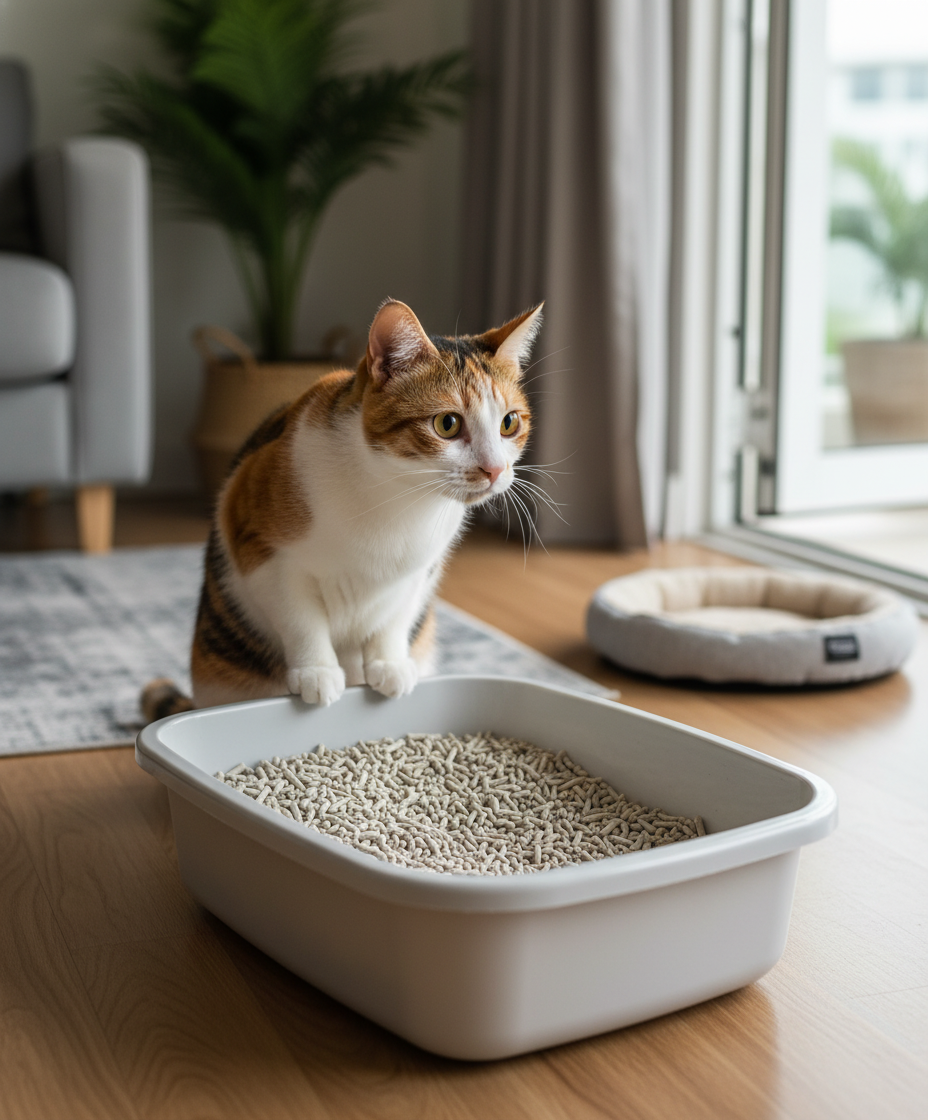 猫咪蹲在猫砂盆边缘,显示轻微压力