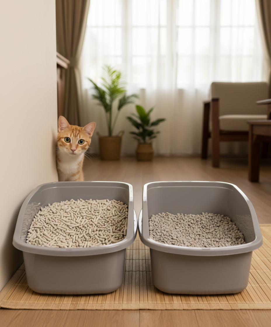 两个猫砂盆,一个装豆腐猫砂,一个装粘土猫砂,展示并排放置法。