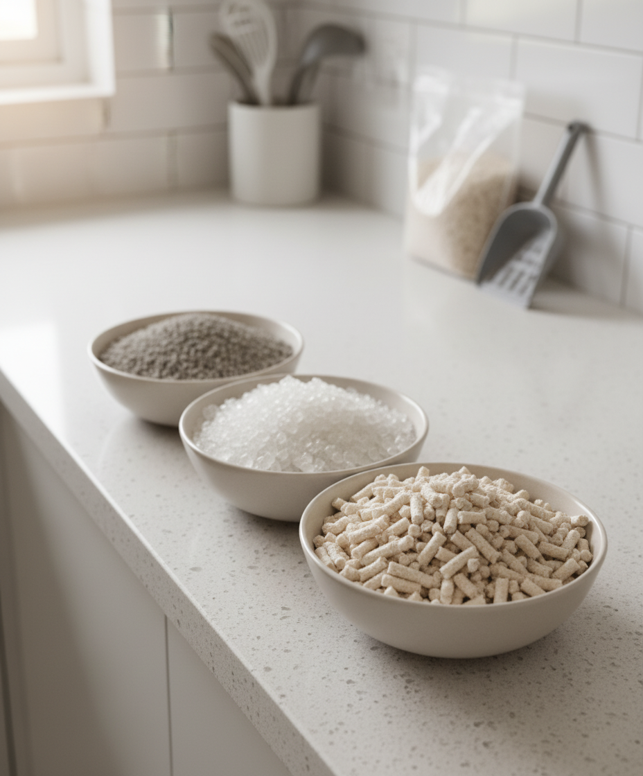 粘土、水晶和豆腐猫砂质地对比。