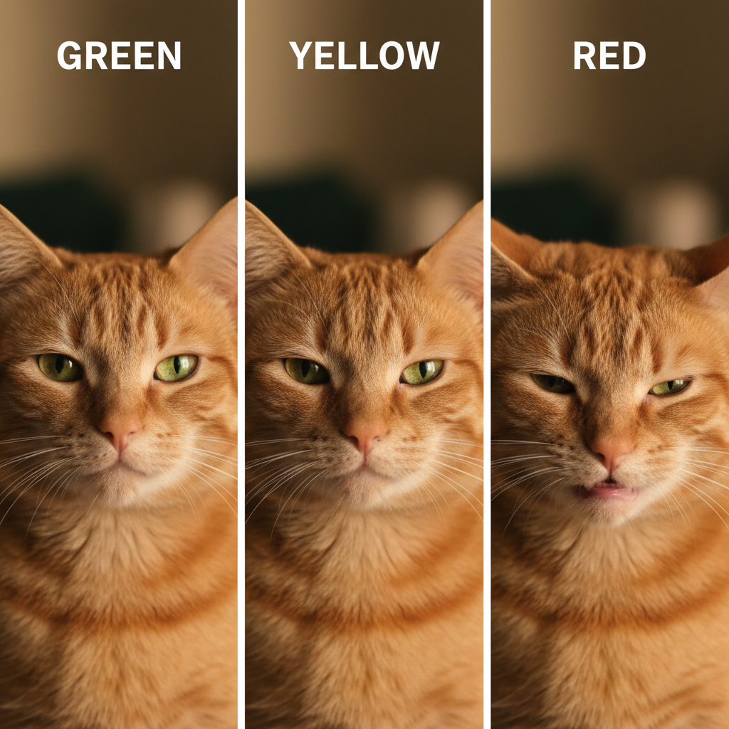 猫咪面部表情合成图:绿色(放松)、黄色(轻度压力)、红色(高度压力),用于监测猫砂过渡。