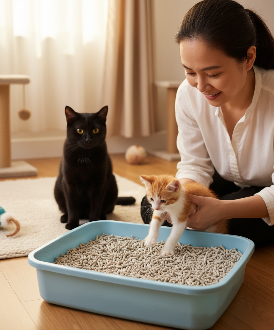 幼猫正在低边猫砂盆中接触豆腐猫砂,旁边有一只年长的猫咪。