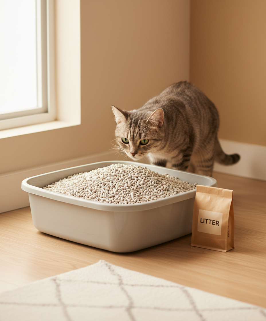 貓咪在開放式貓砂盆中檢查新鮮的豆腐貓砂