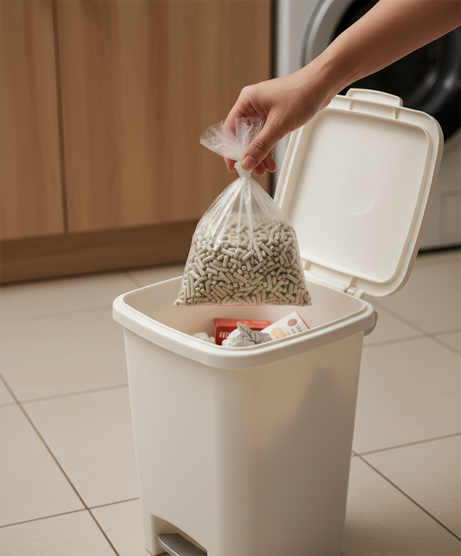 在马来西亚，将豆腐猫砂妥善丢弃在垃圾桶中