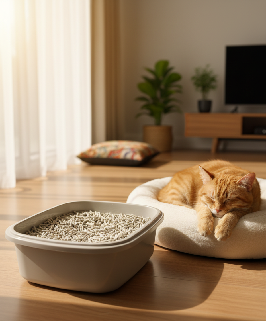 Kucing berpuas hati berehat di sebelah kotak pasir tofu yang bersih di rumah Malaysia