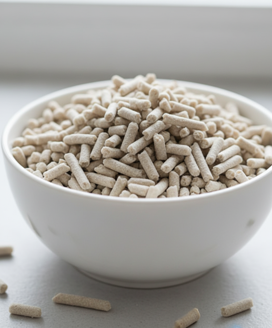 Close-up of natural tofu cat litter pellets