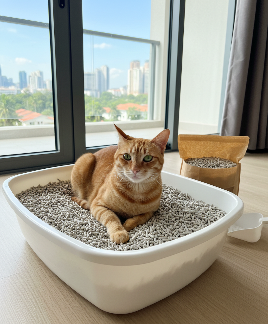Happy cat using low-dust tofu litter in a bright condo