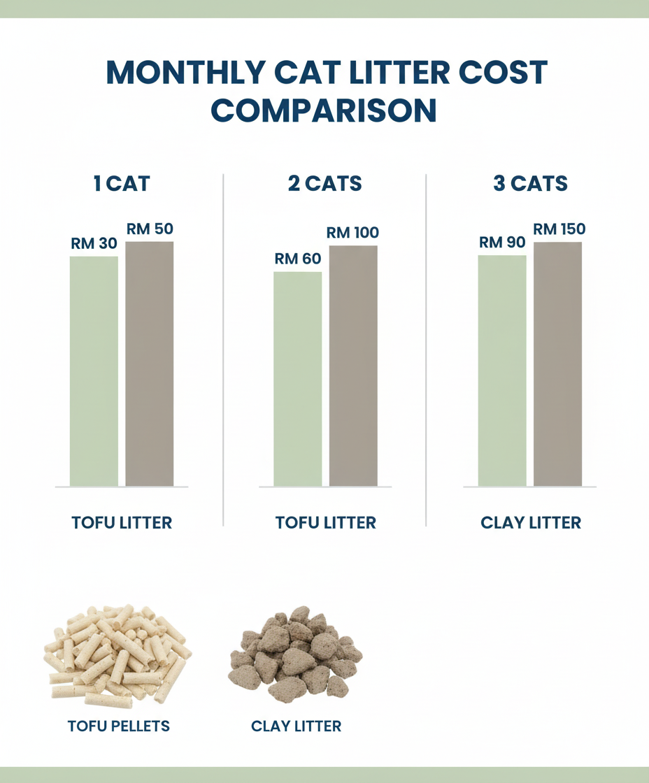 Monthly cat litter cost comparison in Malaysian Ringgit
