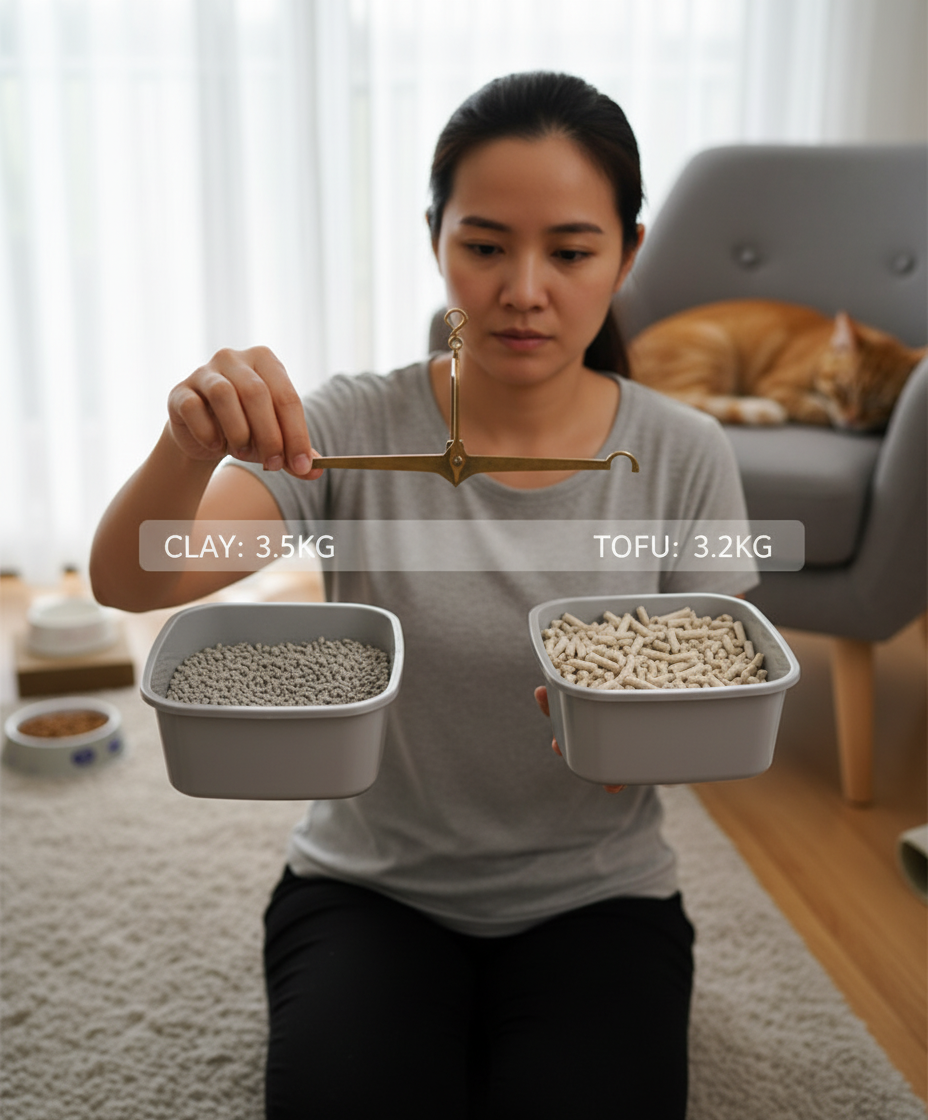 Malaysian cat parent deciding between tofu and clay litter