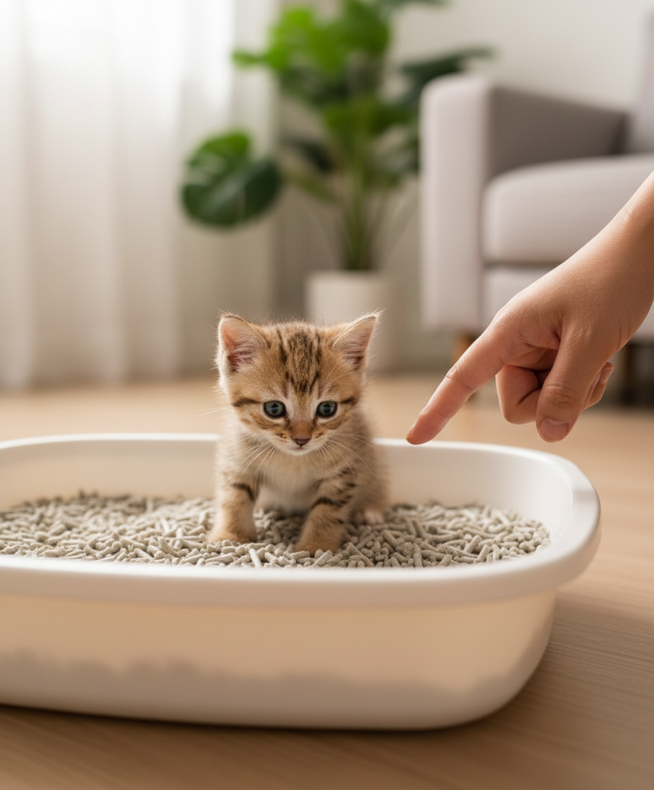 一只小猫在温柔的引导下探索猫砂盆。