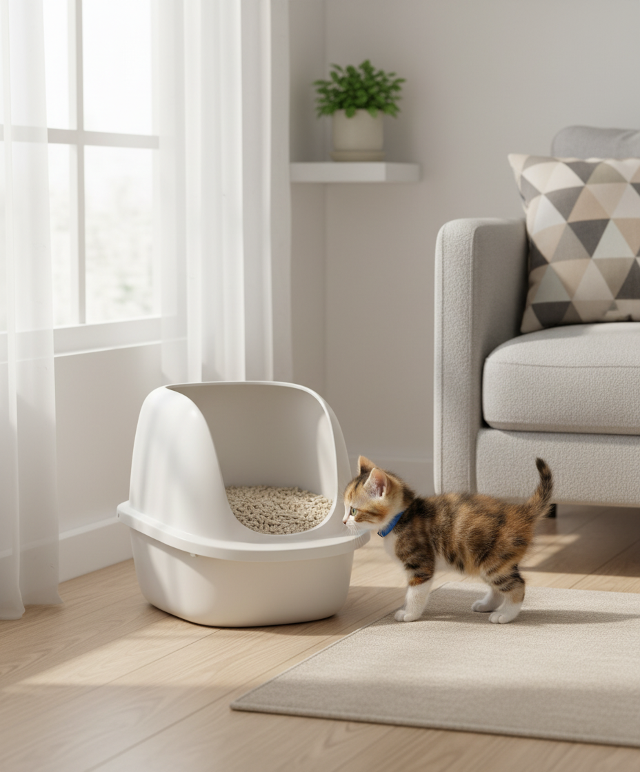 在马来西亚家庭安静角落里完美设置的猫砂盆。