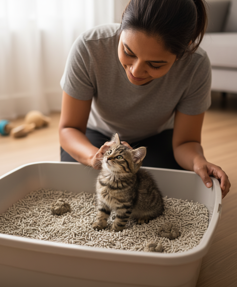 女性在猫砂盆中轻轻抚摸一只幼猫。
