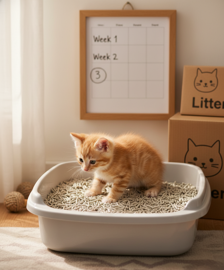 一只6周大的幼猫正在使用猫砂盆，代表训练进展顺利。