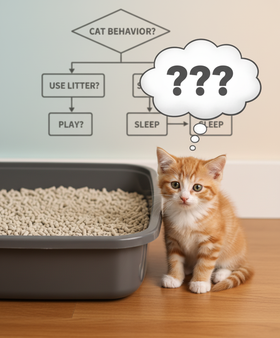 困惑的幼猫在猫砂盆旁边，背景是诊断流程图。