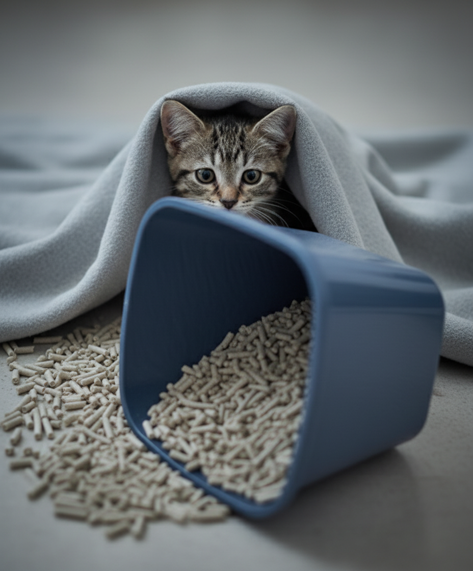 压力山大的幼猫在躲藏，象征训练错误的负面影响。