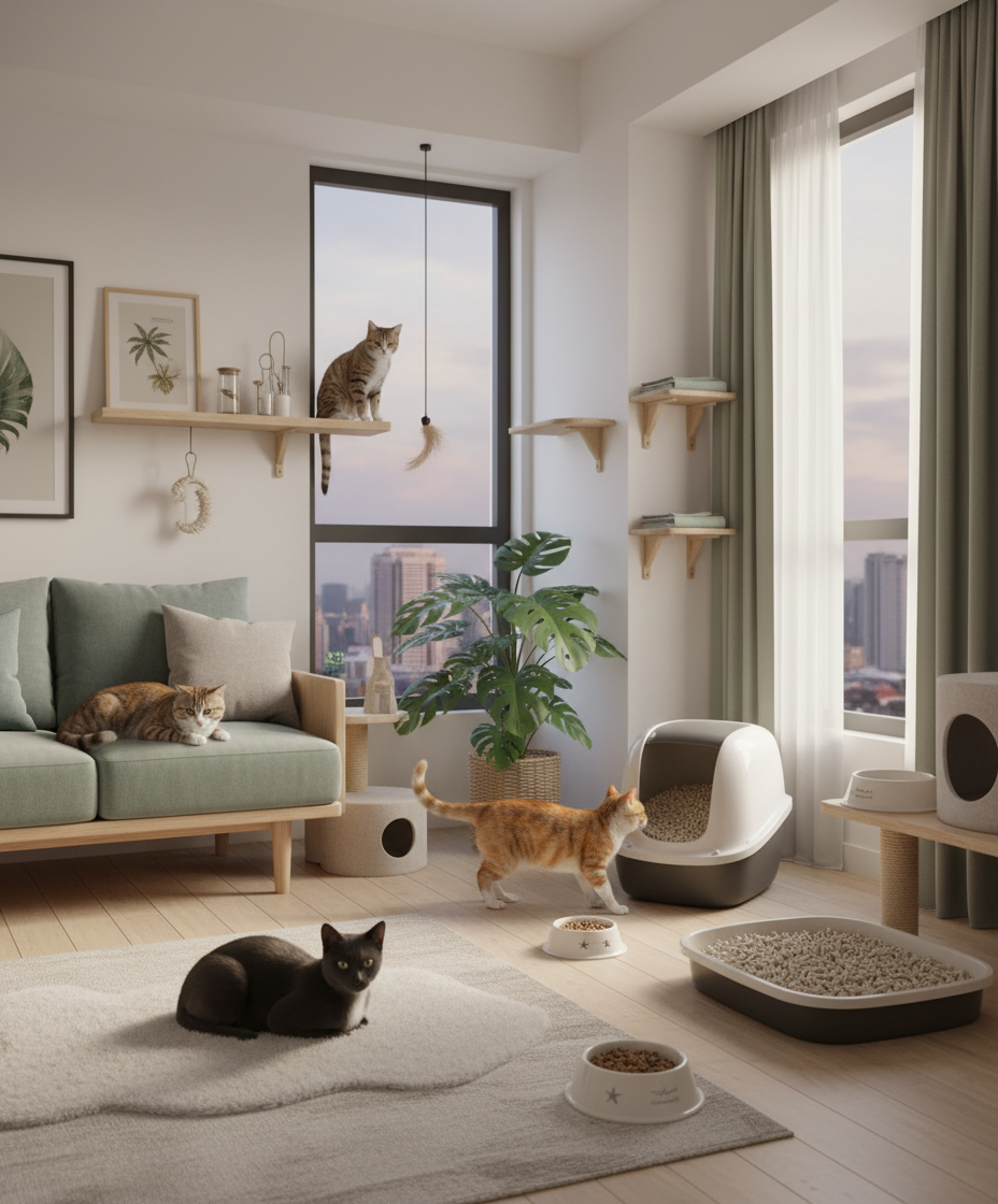 多猫和谐共处的客厅,摆放着多个猫砂盆