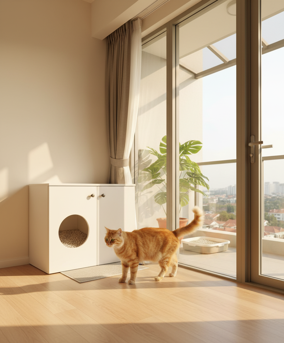 马来西亚公寓中的猫砂盆设置,配有隐蔽式家具和阳台通道
