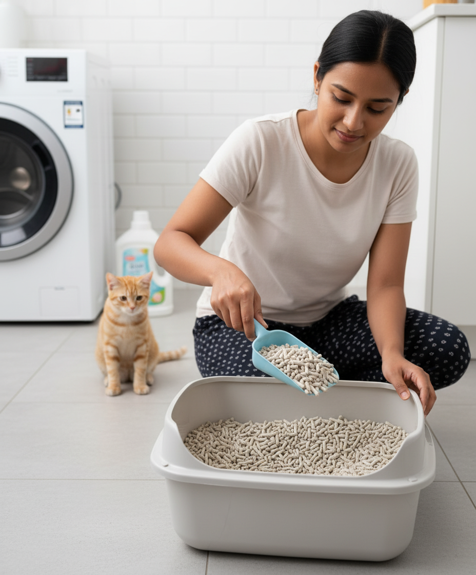 马来西亚猫主人正在铲豆腐猫砂