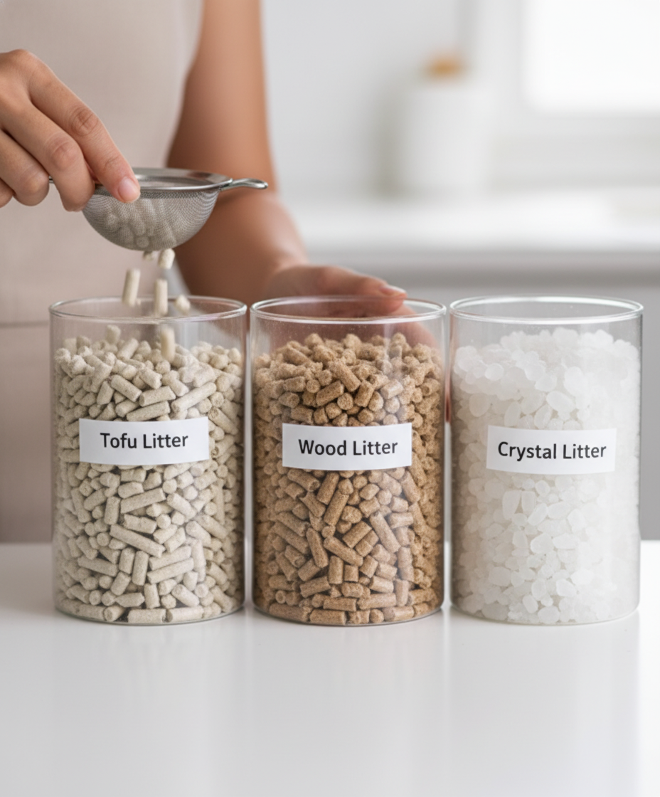 不同低尘猫砂类型的比较：豆腐猫砂、木屑猫砂和硅胶水晶猫砂。