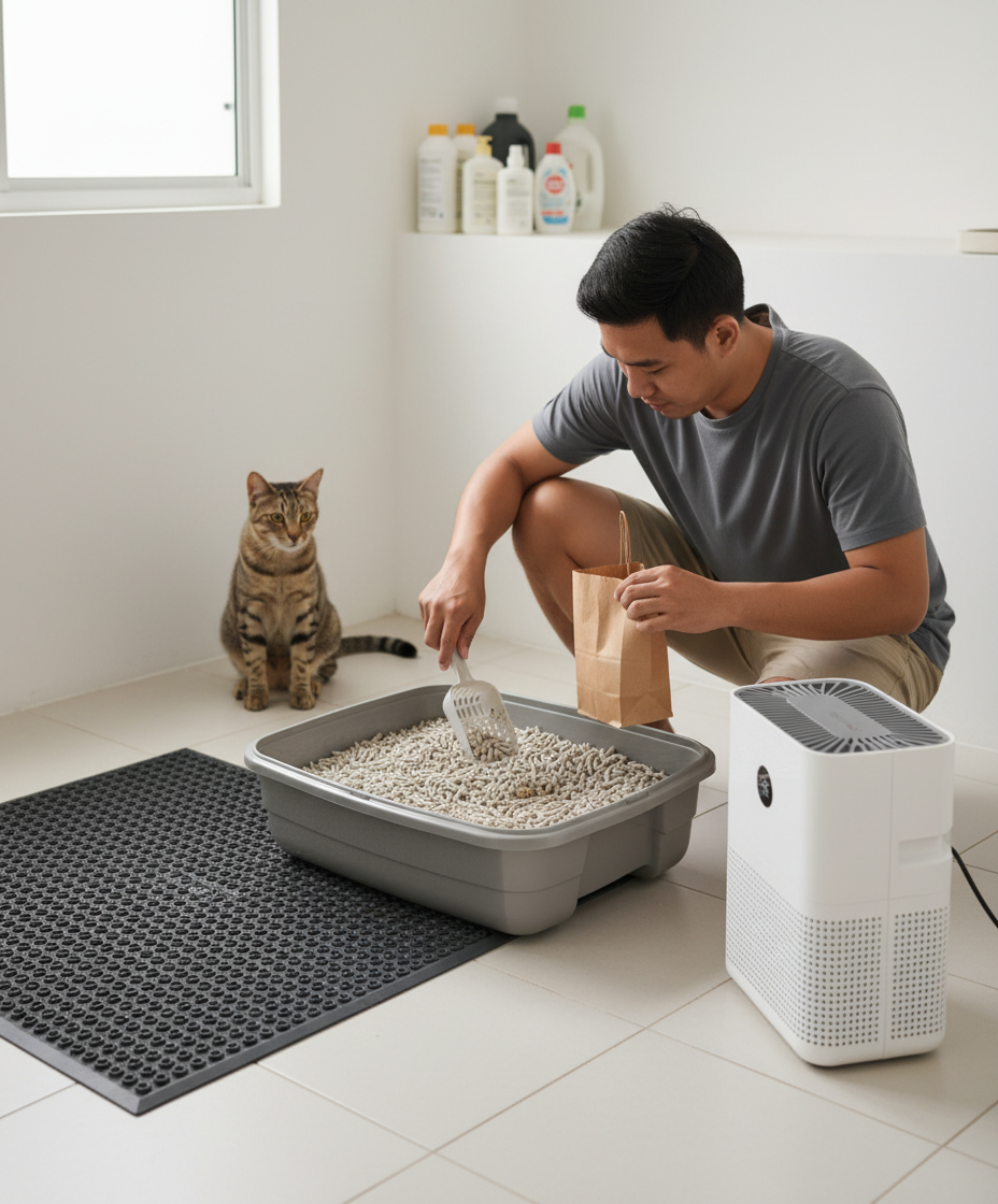 一个管理良好的猫砂盆区域，配有地垫和空气净化器，位于马来西亚的家中