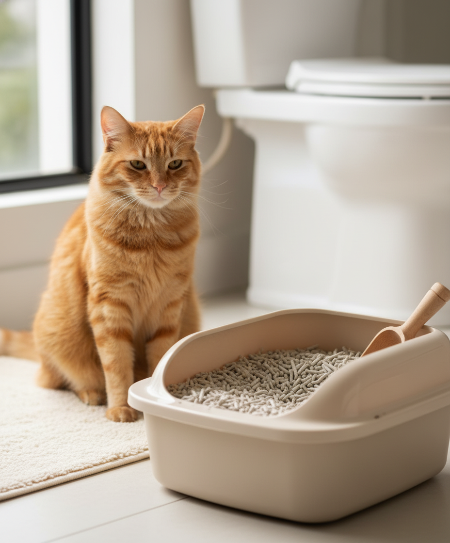 A happy cat beside a clean litter box, questioning the safety of flushable litter for Malaysian plumbing.