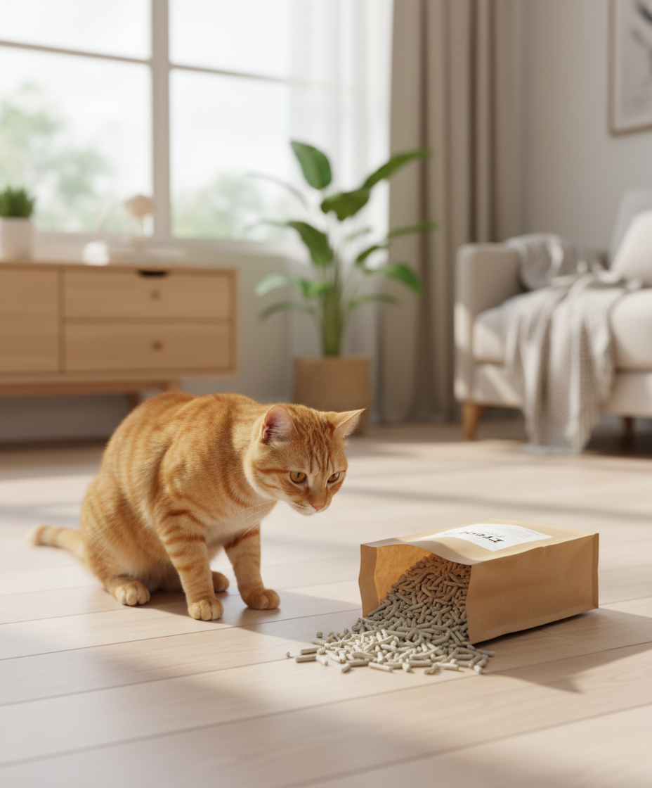 A cute Malaysian cat next to a bag of tofu cat litter.