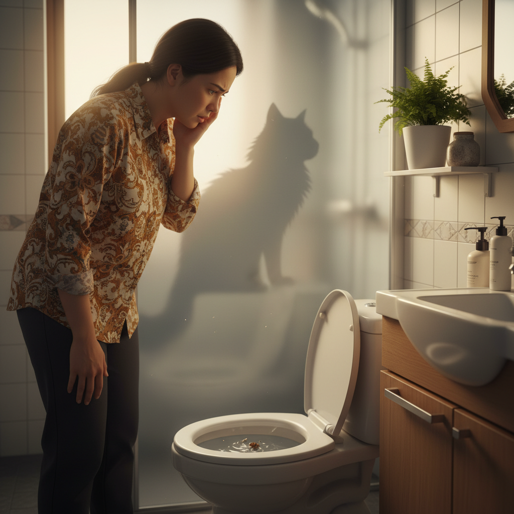 A woman looking at a clogged toilet after flushing cat litter.