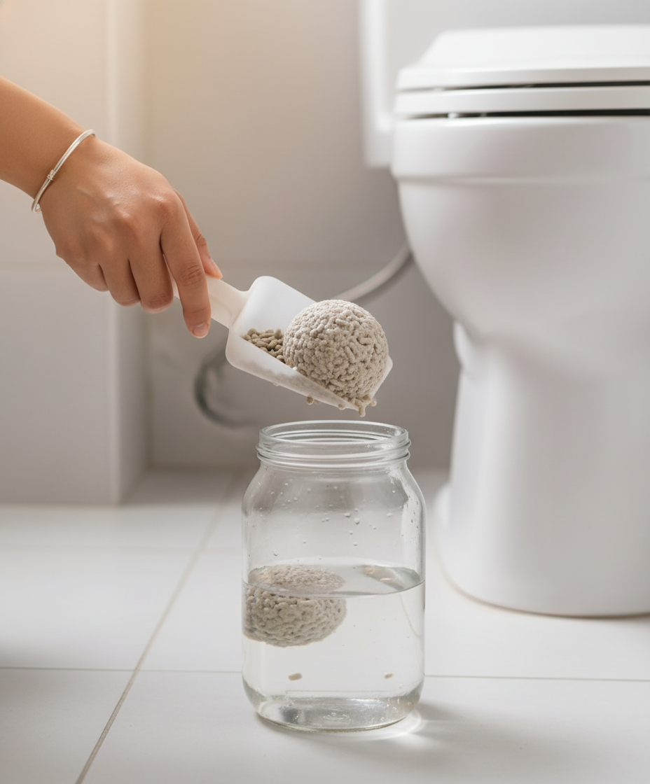 A person performing a dissolvability test on cat litter in a jar.