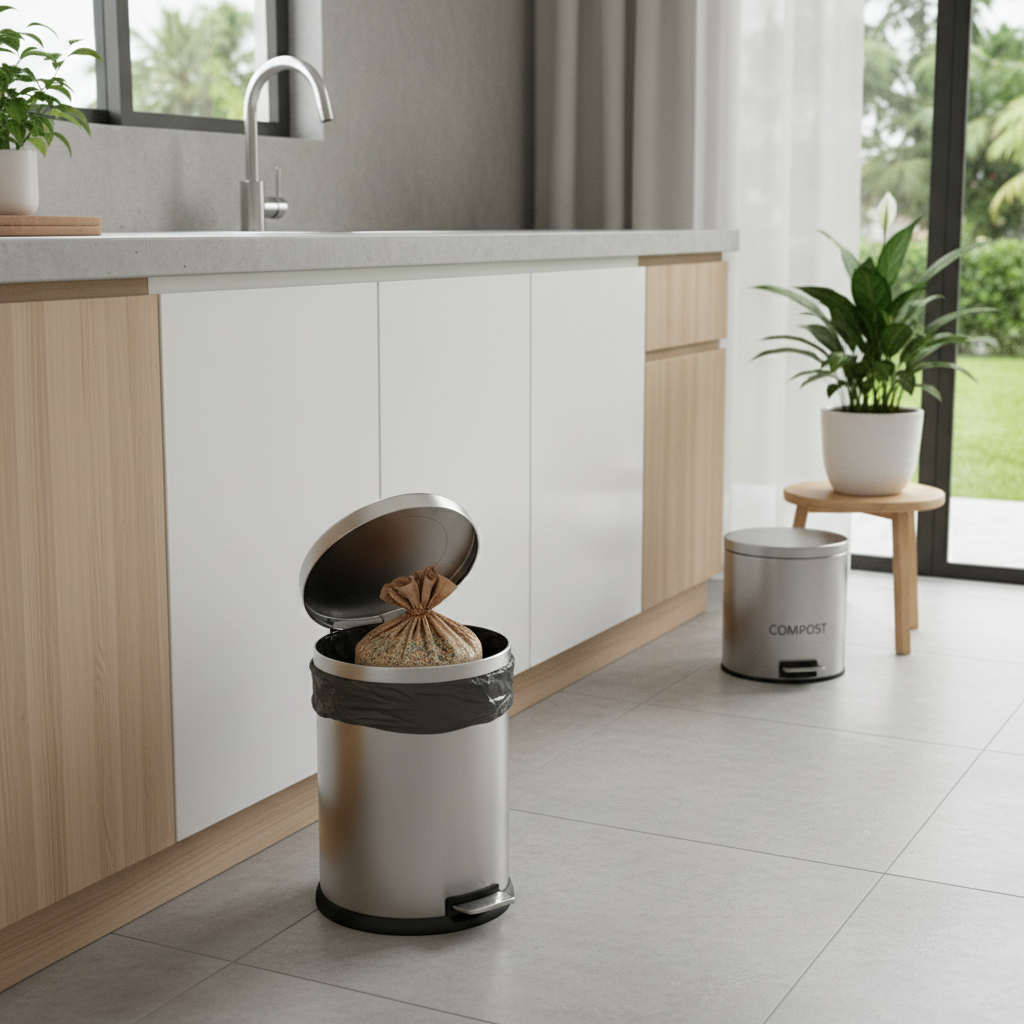 A small bag of cat litter tied and ready for disposal in a trash can.