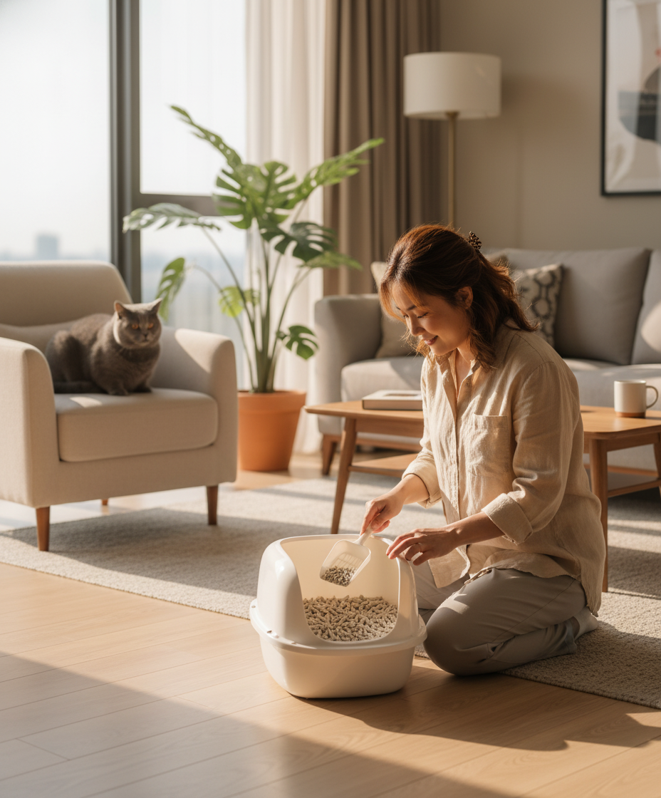 Malaysian woman scooping a low-dust tofu cat litter in a clean apartment