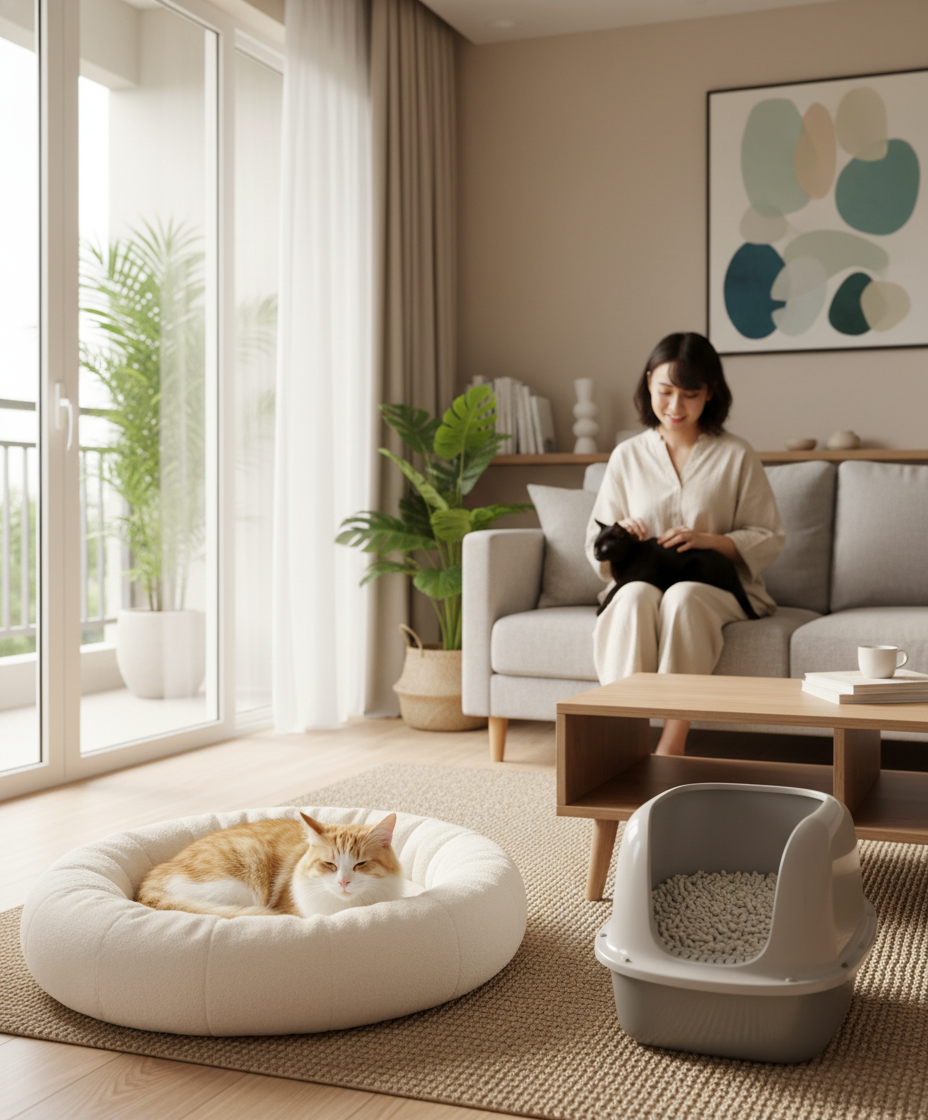 一只快乐的猫咪在干净的马来西亚公寓里，猫砂盆没有异味