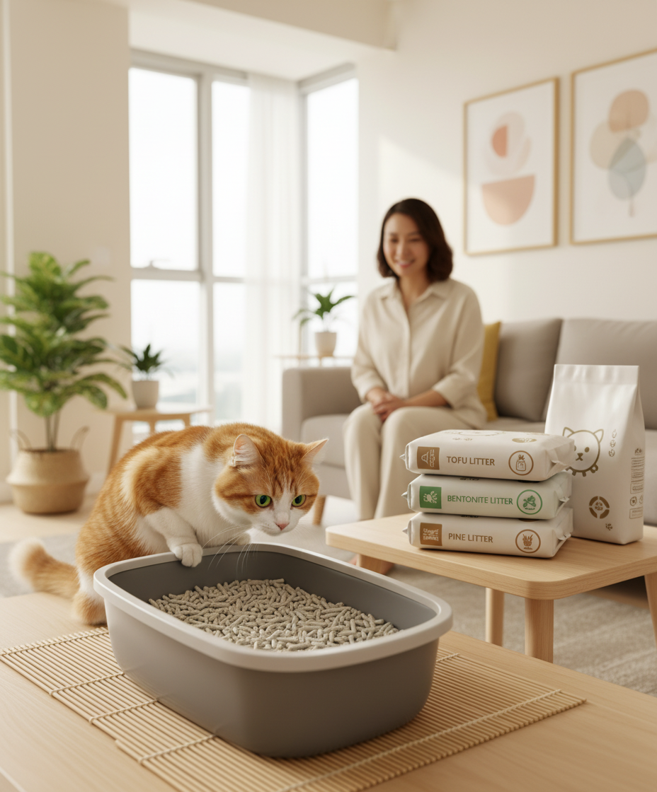 马来西亚猫主人在一间干净的公寓里，猫砂盆旁有一只猫，主人正在认真查看不同的猫砂袋。