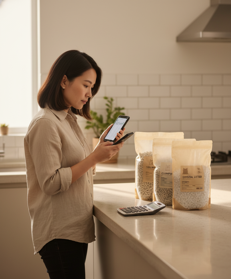 Wanita membandingkan pelbagai jenis pasir kucing generik di atas kaunter dapur
