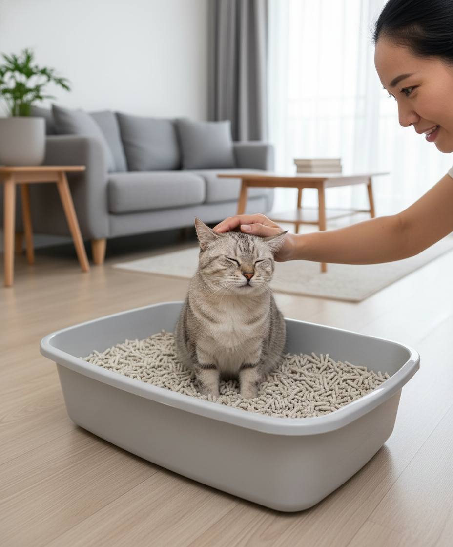 Kucing gembira dalam kotak pasir yang bersih dengan pelet tofu silinder, seorang pemilik Malaysia membelainya.