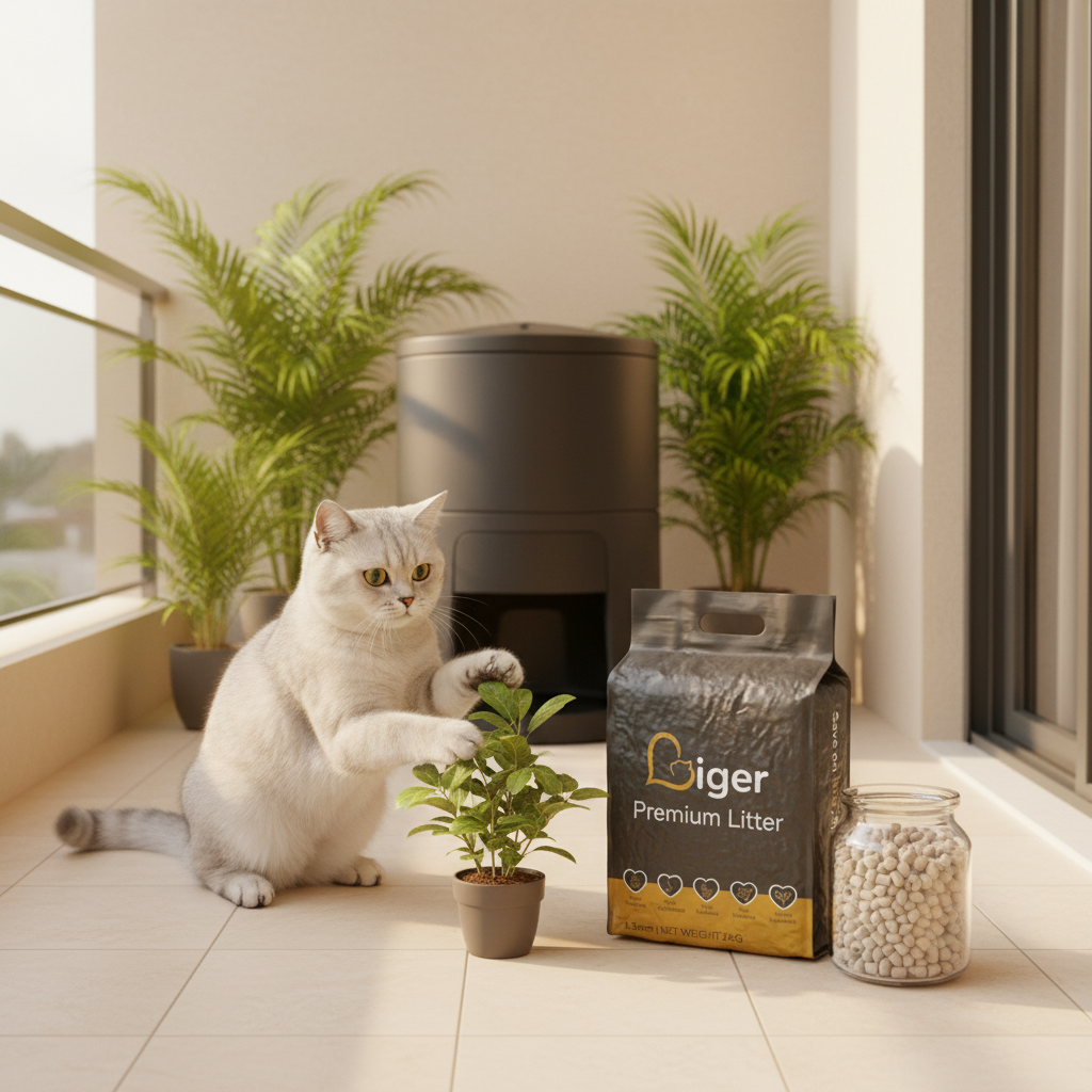 Kucing berhampiran tong pengkompos di balkoni moden Malaysia, dengan pembungkusan Pasir Kucing Tofu Liger dan pelet tofu silinder