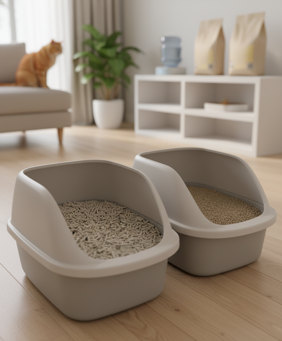 Pandangan dekat pelet pasir kucing tofu berbentuk silinder dalam kotak