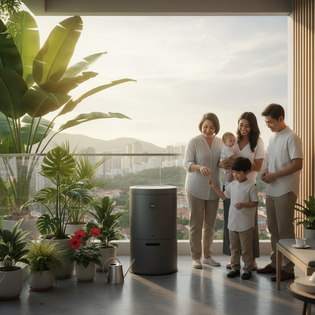 Tong pengkompos di balkoni kondo Malaysia dengan tumbuhan tropika