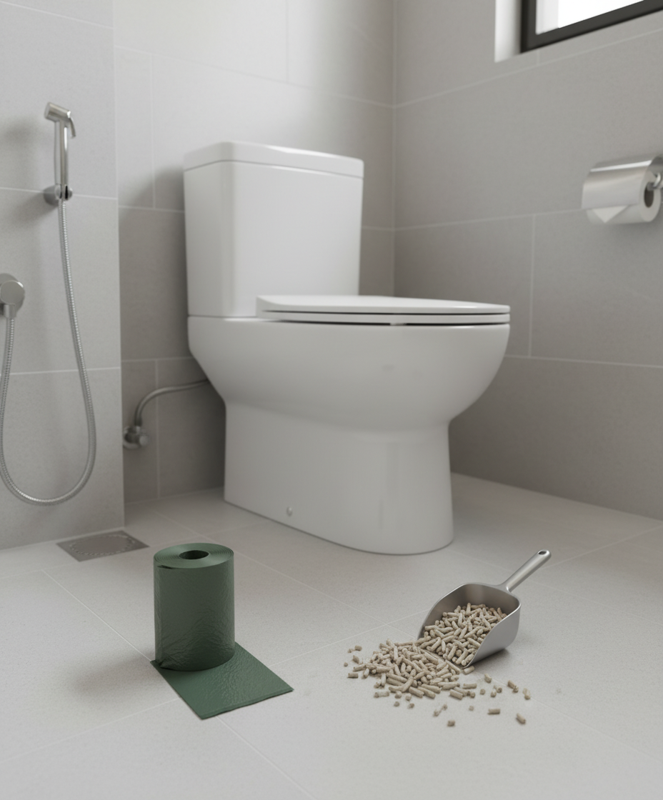 Beg sampah biodegradasi dan pasir kucing tofu yang boleh dibuang ke tandas berhampiran tandas