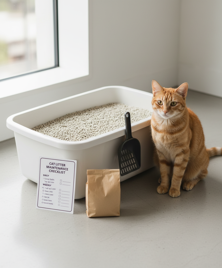 Senarai semak penjagaan berlaminat di sebelah kotak pasir tofu yang bersih dengan seekor kucing