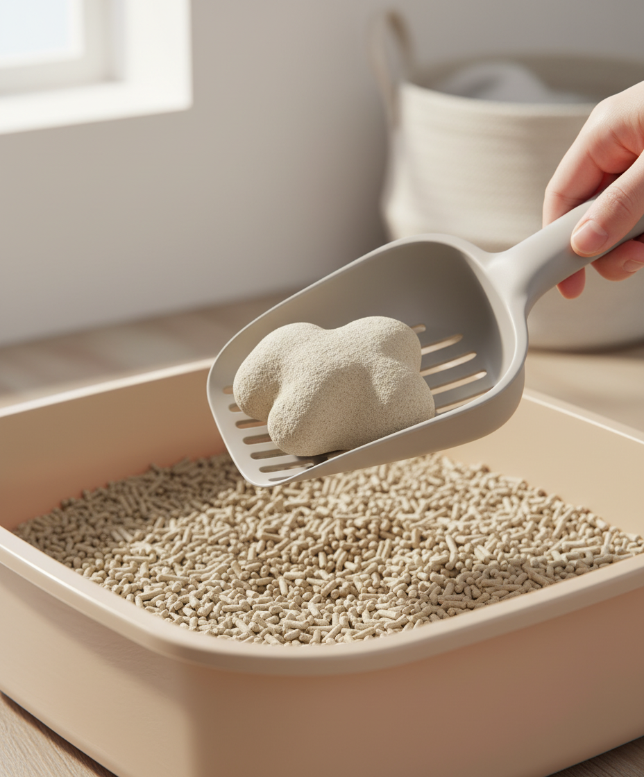 Cedok pasir ergonomik mengeluarkan gumpalan kukuh dari pasir kucing tofu