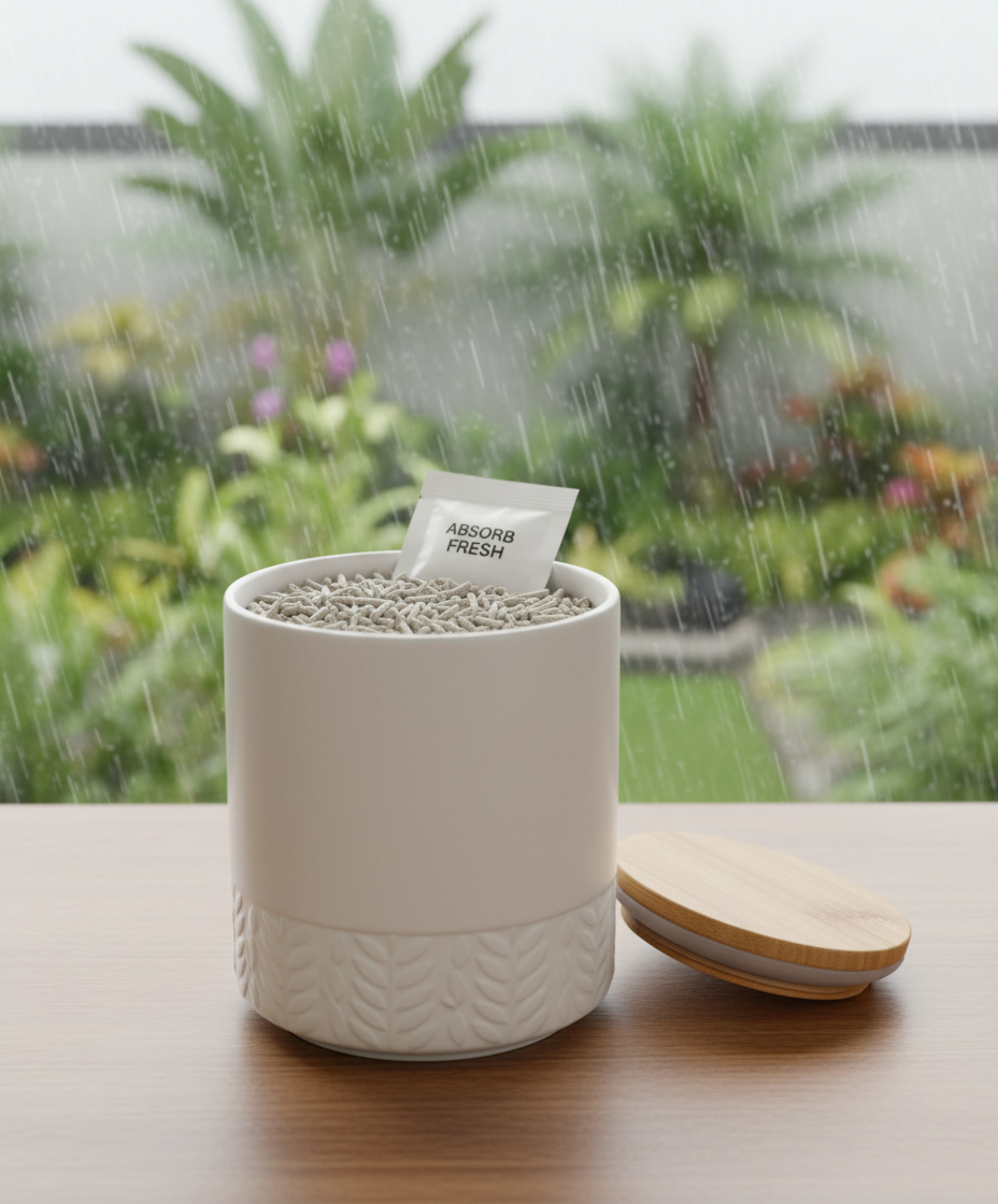 Bekas kedap udara pasir tofu Liger dengan silika gel dalam rumah Malaysia yang lembap