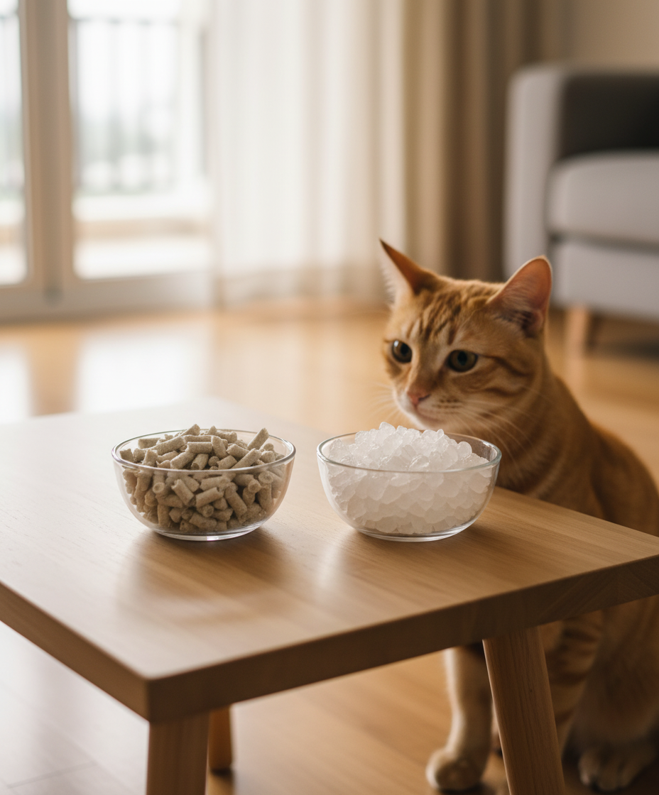 豆腐猫砂颗粒旁边放着水晶猫砂，旁边有一只好奇的猫，突出了马来西亚家庭的选择。