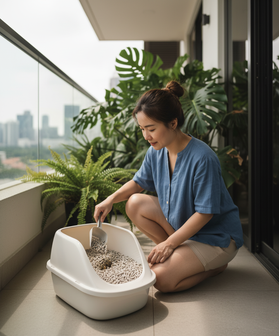 装有豆腐猫砂的猫砂盆，置于马来西亚公寓阳台上，凸显当地生活。