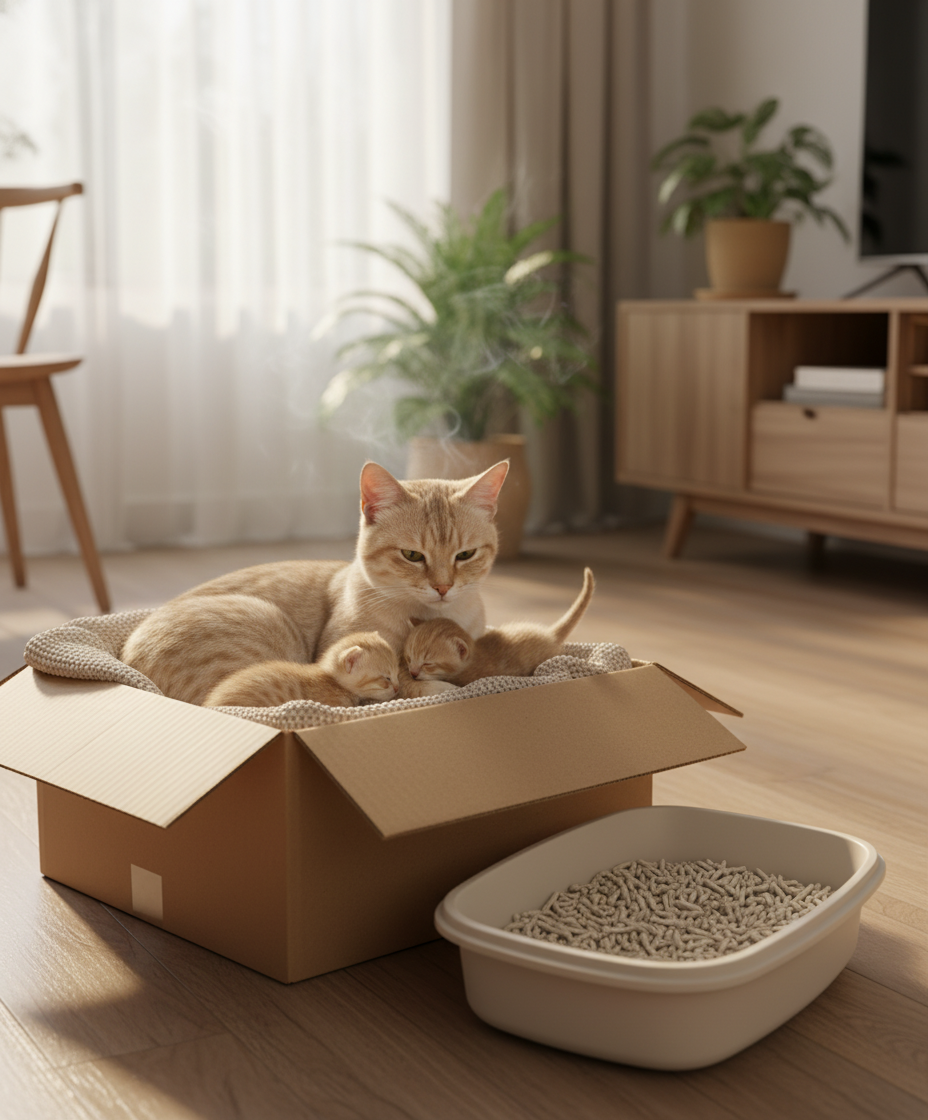 一只母猫和她的幼崽在一个安全、隐蔽的箱子里,代表着母性关怀。