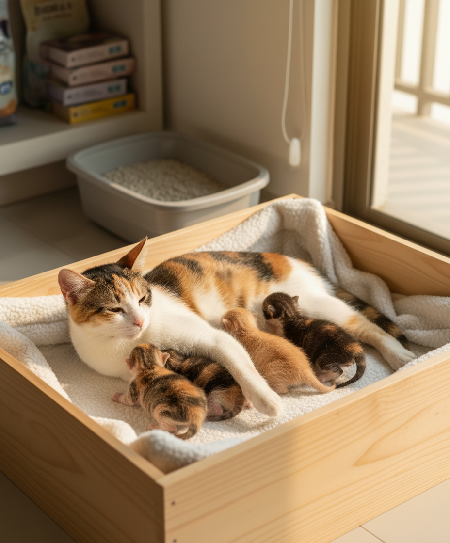 Mother cat nursing her kittens in a safe and warm nesting box
