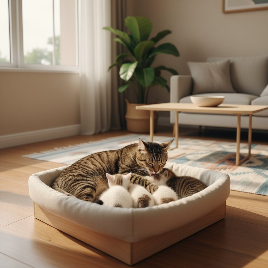 Mother cat grooming her healthy newborn kittens in a clean nesting box