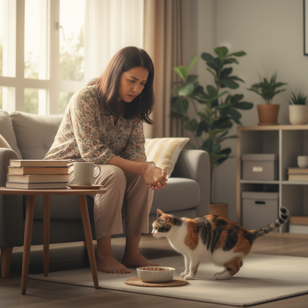 Malaysian cat owner observing her cat with concern