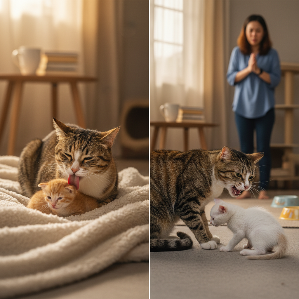 Comparison of normal mother cat behavior vs. red flag aggression towards kittens